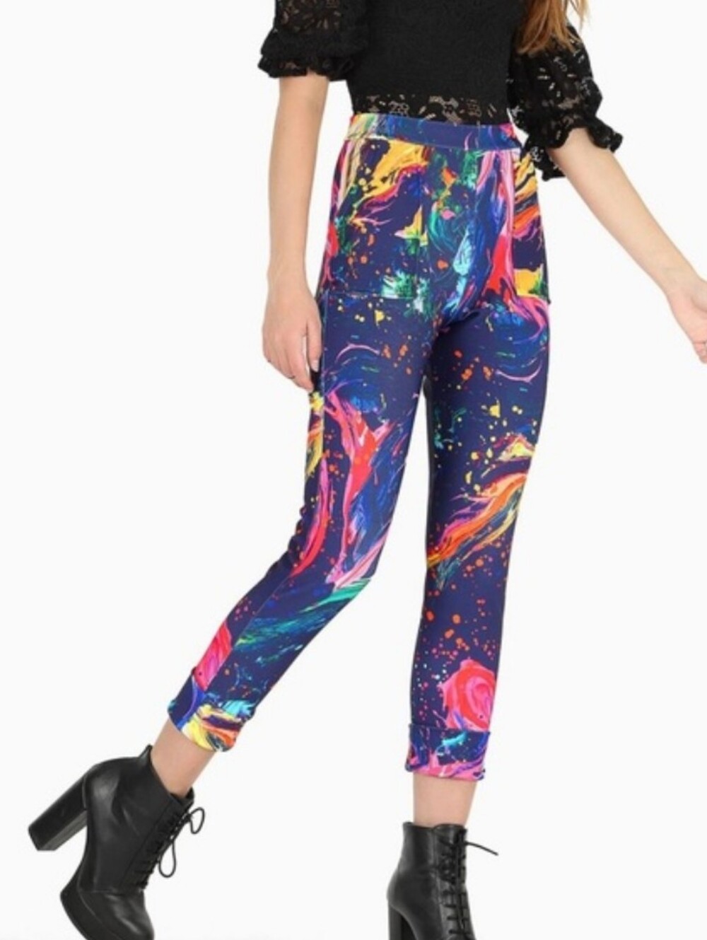 Blackmilk The Artist Paint Splatter Rainbow Navy High Waist Cuffed Pants Medium - Picture 2 of 14